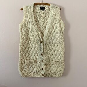 Vintage Cable Knit Wool Sweater Vest Womens Size L Cream 70s Wood Button Chunky
